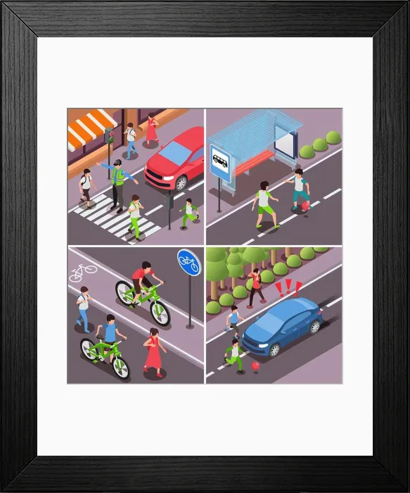 Framed Print : Children road safety rules isometric 2x2 set with isolated outdoor views of people crossing streets roads vector Framed Print : Children road safety rules isometric 2x2 set with isolated outdoor views of people crossing streets roads vector