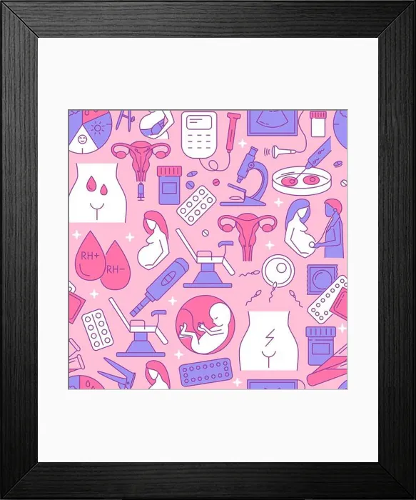 Framed Print : Gynecology and obstetrics seamless pattern in colored line style. Vector illustration Framed Print : Gynecology and obstetrics seamless pattern in colored line style. Vector illustration