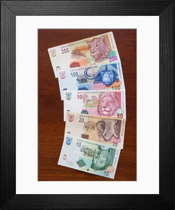 Framed Print : South African banknotes various denominations from 10 to 200 rand notes ZAR rands paper money Southern Africa Framed Print : South African banknotes various denominations from 10 to 200 rand notes ZAR rands paper money Southern Africa