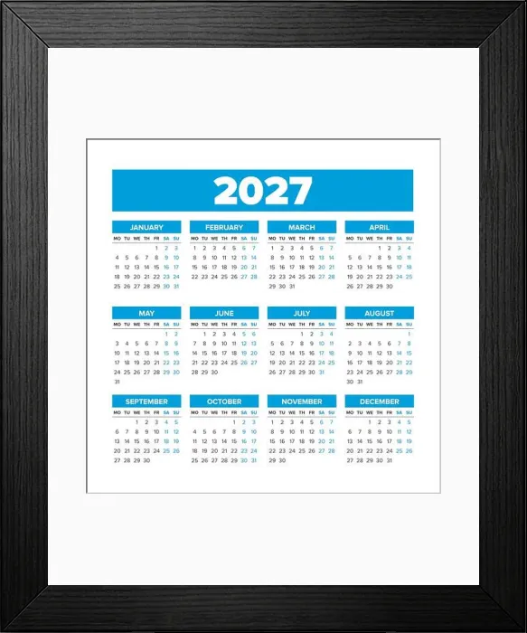 Framed Print : Simple Vector Calendar 2027. Weeks start on Monday Framed Print : Simple Vector Calendar 2027. Weeks start on Monday