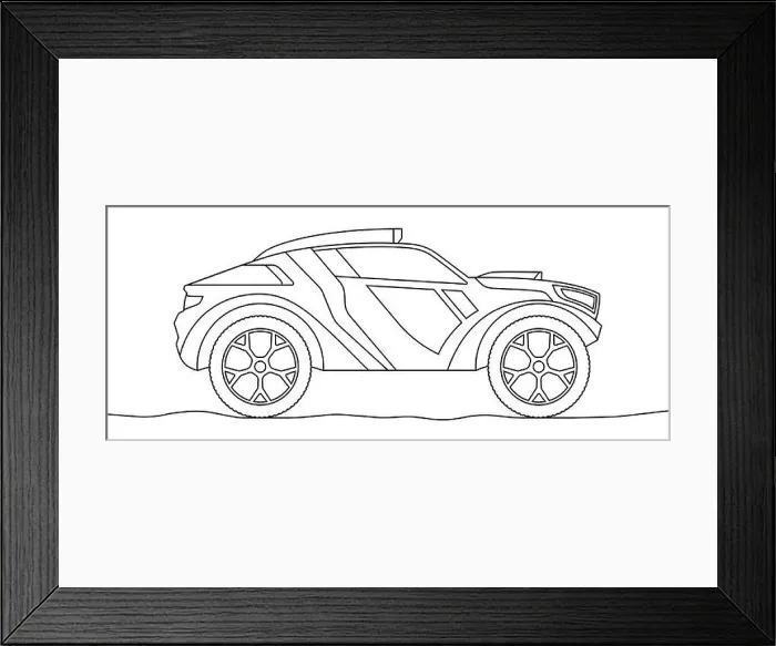 Framed Print : Buggy rally sports car coloring book page. Off road vehicle outline vector illustration Framed Print : Buggy rally sports car coloring book page. Off road vehicle outline vector illustration