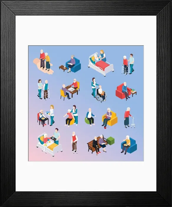 Framed Print : Elderly people nursing home residents isometric icons set with medical care physical activities assistance leisure Framed Print : Elderly people nursing home residents isometric icons set with medical care physical activities assistance leisure
