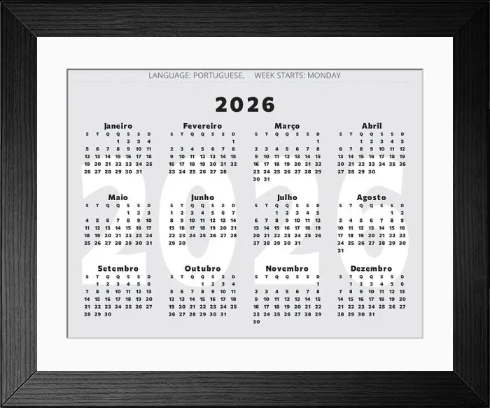 Framed Print : Portuguese annual calendar 2026. Modern vector illustration for Portugal in black color - calendario Framed Print : Portuguese annual calendar 2026. Modern vector illustration for Portugal in black color - calendario