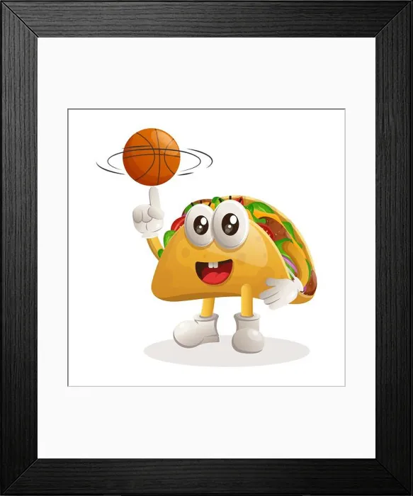 Framed Print : Cute taco mascot playing basketball