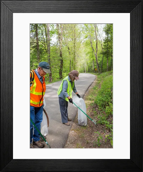 Framed Print : Great Smoky Mountains National Park, Tennessee - Volunteers pick up litter along a park road Framed Print : Great Smoky Mountains National Park, Tennessee - Volunteers pick up litter along a park road