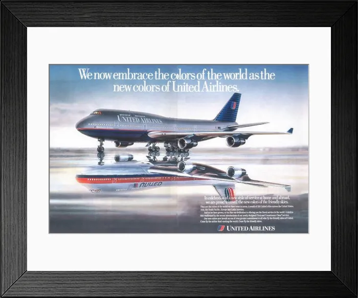 Framed Print : 1993 United Airlines 'Battleship Gray' new livery Boeing 777 Ad Framed Print : 1993 United Airlines 'Battleship Gray' new livery Boeing 777 Ad