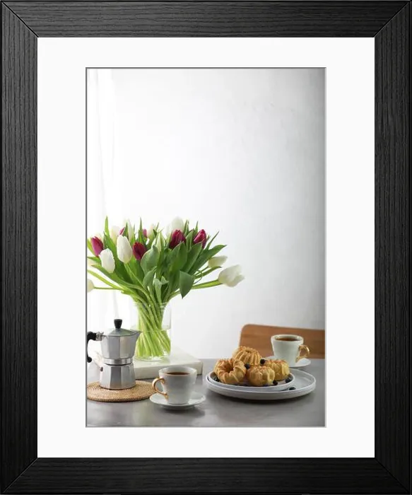 Framed Print : Mini bundt cakes with fruits on plate, cup of coffe and bouquet of tulips Framed Print : Mini bundt cakes with fruits on plate, cup of coffe and bouquet of tulips