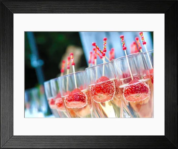 Framed Print : Food and catering.Wedding celebration and banquet.Strawberries and cava cup Framed Print : Food and catering.Wedding celebration and banquet.Strawberries and cava cup