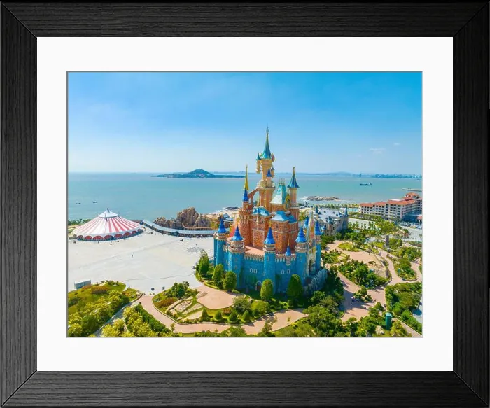 Framed Print : Aerial View of a Fantasy Castle in a Coastal Theme Park Framed Print : Aerial View of a Fantasy Castle in a Coastal Theme Park