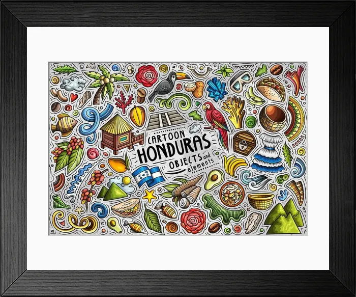 Framed Print : Cartoon vector doodle set of Honduras traditional symbols, items and objects