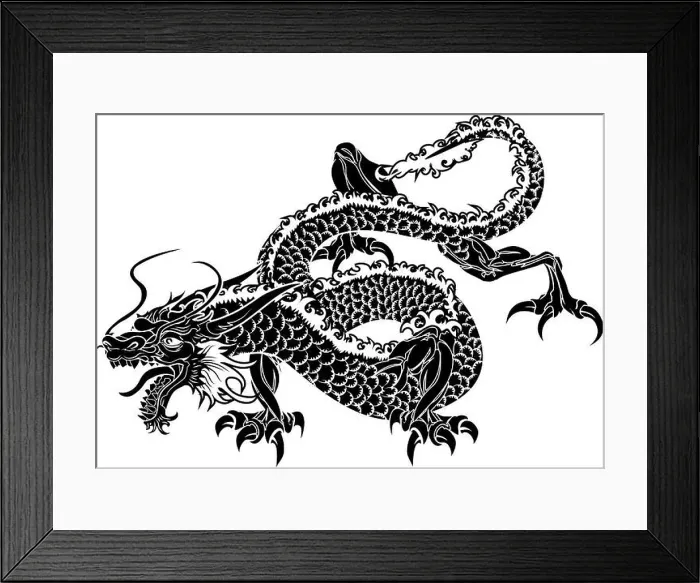 Framed Print : Illustration of black Japanese dragon on white background Framed Print : Illustration of black Japanese dragon on white background