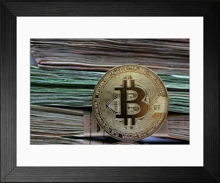 Framed Print : Golden Bitcoin coins are arranged alongside a pile of Euro notes Framed Print : Golden Bitcoin coins are arranged alongside a pile of Euro notes