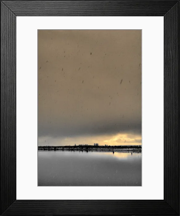 Framed Print : landscape picture of silhouetted city buildings in bleak miserable winter weather Framed Print : landscape picture of silhouetted city buildings in bleak miserable winter weather