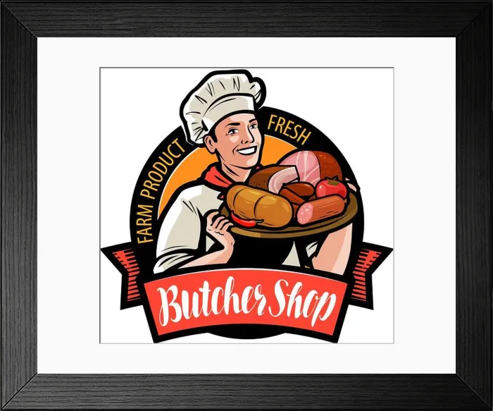 Framed Print : Butcher shop logo or label. Happy cook holding a tray with meat products. Cartoon vector illustration Framed Print : Butcher shop logo or label. Happy cook holding a tray with meat products. Cartoon vector illustration