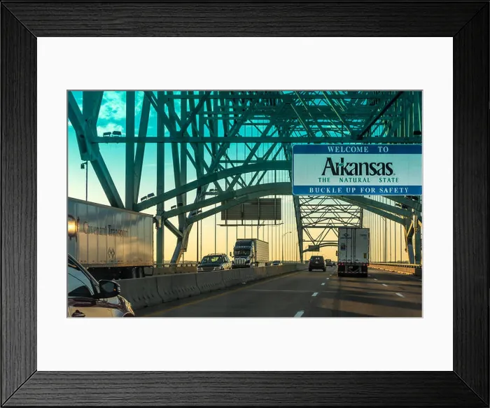 Framed Print : Traffic at sunset on the Hernando de Soto Bridge over the Mississippi River between Memphis