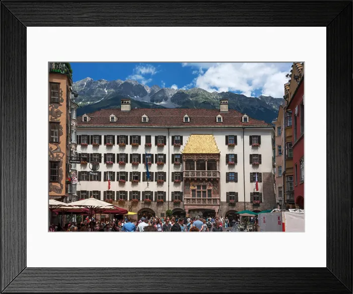 Framed Print : Goldenes Dachl or Golden Roof, late gothic alcove balcony, mountains behind, Innsbruck, Tyrol, Austria Framed Print : Goldenes Dachl or Golden Roof, late gothic alcove balcony, mountains behind, Innsbruck, Tyrol, Austria