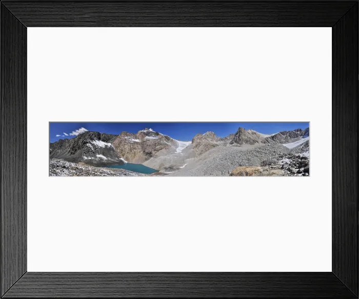 Framed Print : Scenic panorama of lake below highest mountain peaks in Ala Archa national park in Tian Shan mountain range Framed Print : Scenic panorama of lake below highest mountain peaks in Ala Archa national park in Tian Shan mountain range