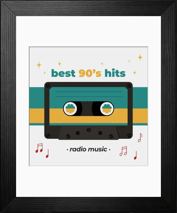 Framed Print : Best 90s hits poster with compact cassette image. Vector retro style illustration Framed Print : Best 90s hits poster with compact cassette image. Vector retro style illustration