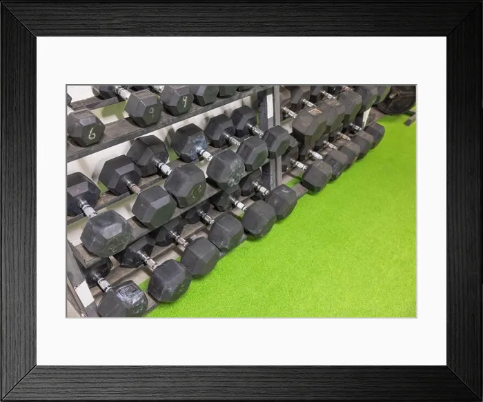 Framed Print : Close-up look at racks holding dumbbells of varying weights for comprehensive training experience. Sweden Framed Print : Close-up look at racks holding dumbbells of varying weights for comprehensive training experience. Sweden