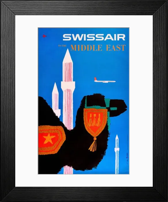 Framed Print : Vintage Swissair Airline Travel Poster - For The Middle East Framed Print : Vintage Swissair Airline Travel Poster - For The Middle East