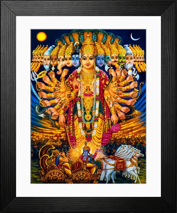Framed Print : Hindu Gods Krishna Arjuna and Chariot Vishnu and Other Indian Gods Vishvarupa Framed Print : Hindu Gods Krishna Arjuna and Chariot Vishnu and Other Indian Gods Vishvarupa