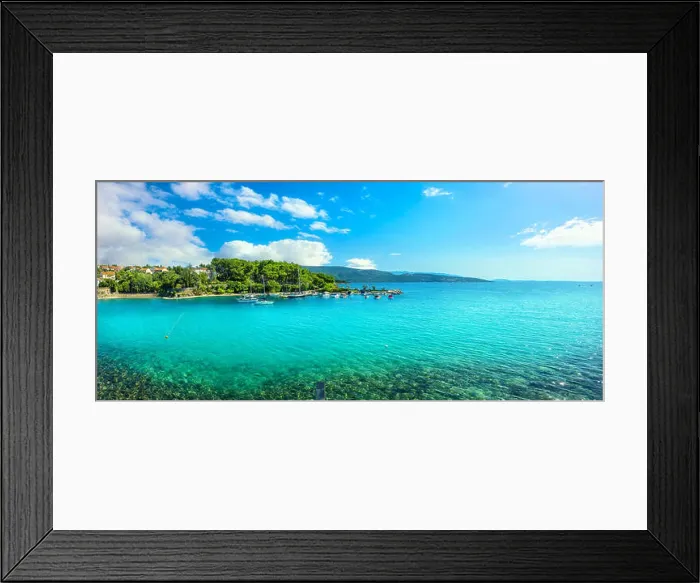 Framed Print : Panoramic view of waterfront with turquoise bay and beach in Krk. Krk island, Croatia Framed Print : Panoramic view of waterfront with turquoise bay and beach in Krk. Krk island, Croatia