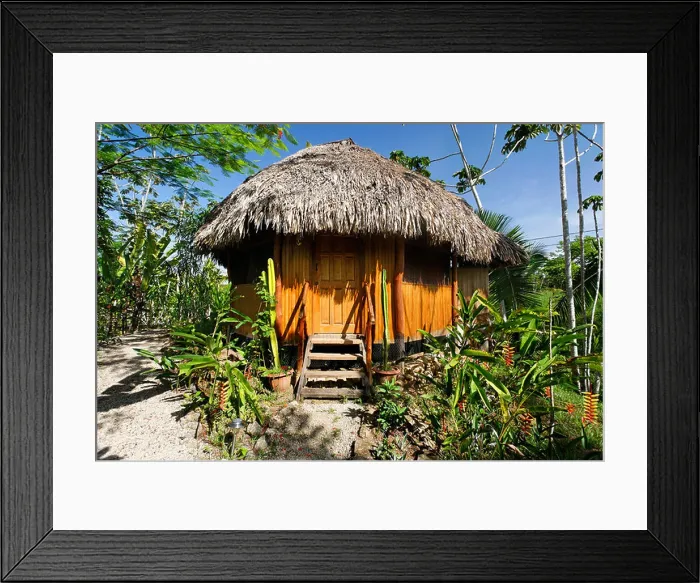 Framed Print : Bungalow with a thatched roof in the tropical forest, Punta Gorda, Belize, Central America, Caribbean Framed Print : Bungalow with a thatched roof in the tropical forest, Punta Gorda, Belize, Central America, Caribbean