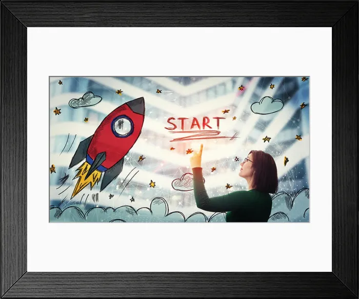 Framed Print : Portrait of smiling businesswoman pointing finger up Framed Print : Portrait of smiling businesswoman pointing finger up