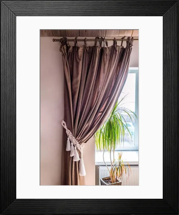 Framed Print : curtain tieback in boho style in interior Framed Print : curtain tieback in boho style in interior