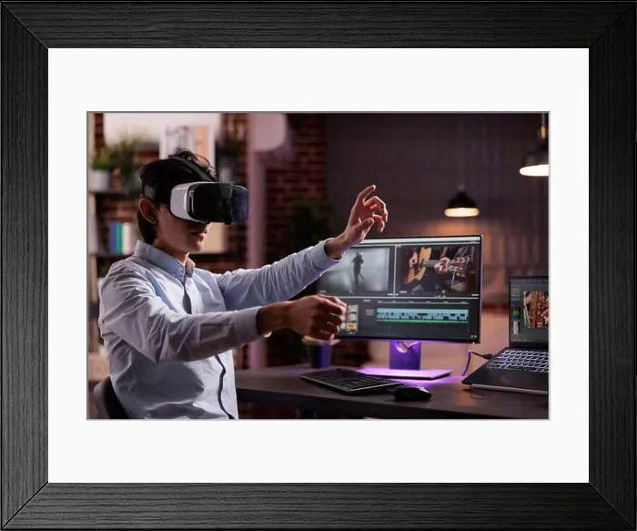 Framed Print : Man using vr glasses to edit film footage with computer software app Framed Print : Man using vr glasses to edit film footage with computer software app