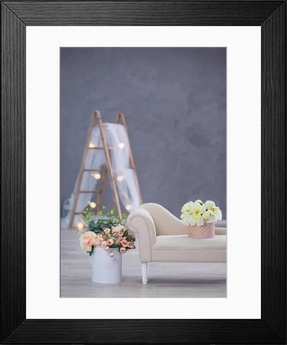 Framed Print : Interior mock up photo. Blue wall with leather material divan sofa and pot with plant flowers and ladder Framed Print : Interior mock up photo. Blue wall with leather material divan sofa and pot with plant flowers and ladder