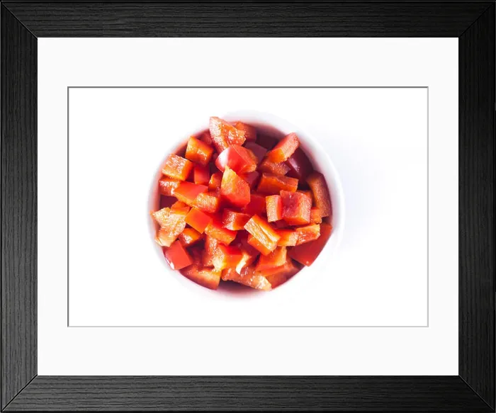 Framed Print : Diced Red Pepper in white bowl Framed Print : Diced Red Pepper in white bowl