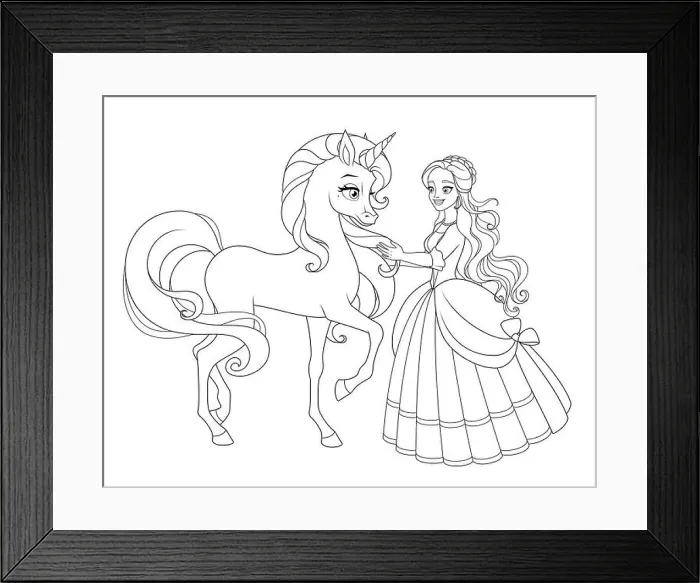 Framed Print : Beautiful princess with unicorn. Vector coloring illustration Framed Print : Beautiful princess with unicorn. Vector coloring illustration