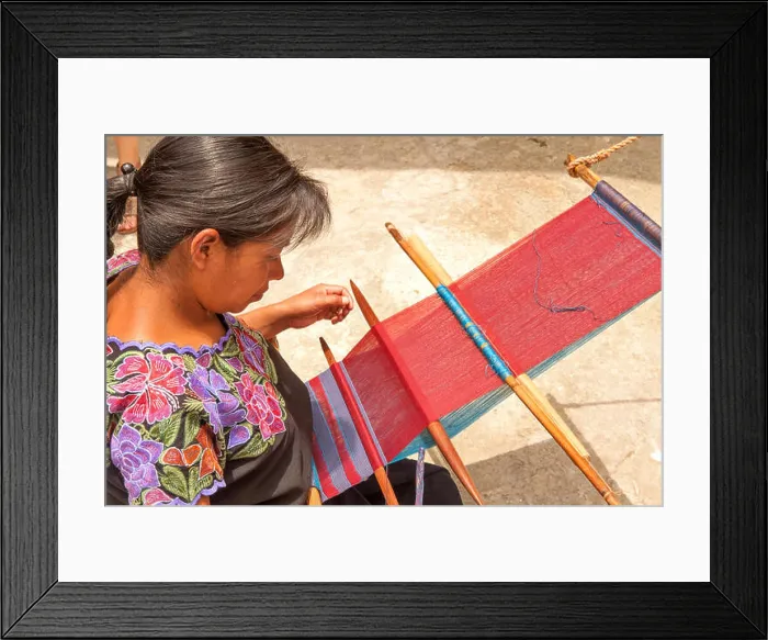 Framed Print : Indigenous Tzotzil woman weaving a traditional Huipil at the loom Framed Print : Indigenous Tzotzil woman weaving a traditional Huipil at the loom