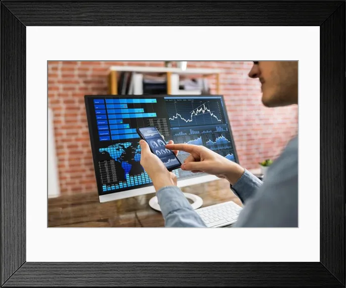 Framed Print : Advisor Using Smartphone With Data Dashboard Analytics Framed Print : Advisor Using Smartphone With Data Dashboard Analytics