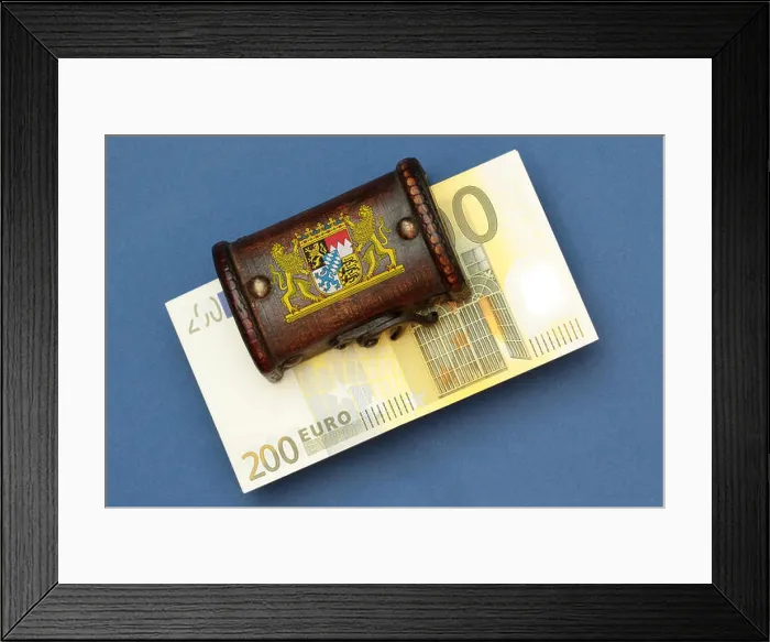 Framed Print : Treasure Chest With Seal Of State Bavaria And Euro Bills Framed Print : Treasure Chest With Seal Of State Bavaria And Euro Bills