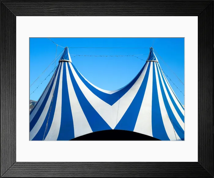 Framed Print : Circus tent stripped blue and white over clear sky Framed Print : Circus tent stripped blue and white over clear sky
