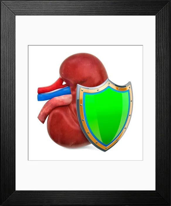 Framed Print : Human kidney with shield, kidneys protect concept. 3D rendering isolated on white background