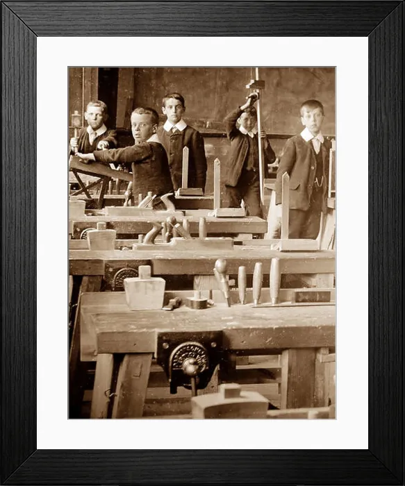 Framed Print : Woodworking class, Victorian period Framed Print : Woodworking class, Victorian period