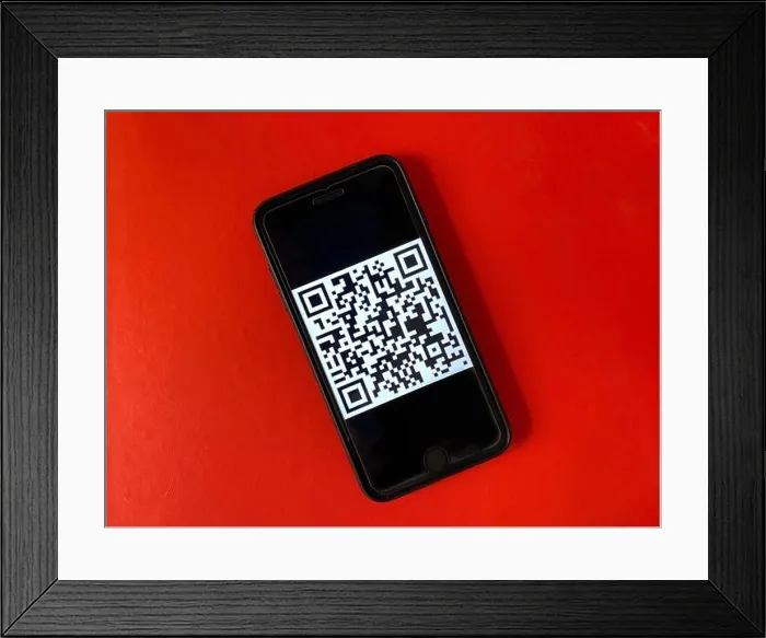 Framed Print : QR code on a mobile phone screen Framed Print : QR code on a mobile phone screen