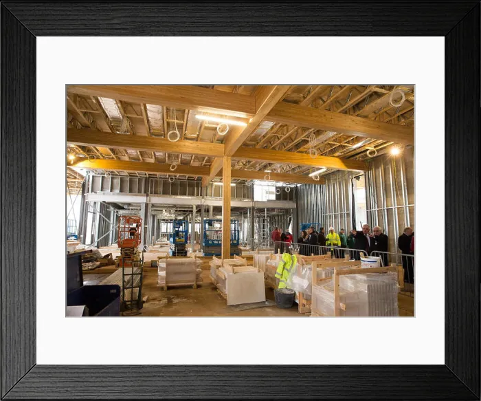 Framed Print : Construction of the new visitor centre at the National Memorial Arboretum underway during the building Topping out Framed Print : Construction of the new visitor centre at the National Memorial Arboretum underway during the building Topping out