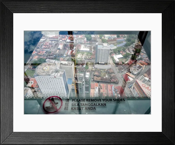 Framed Print : Penang, Malaysia - Jun 27, 2017: Observatory Deck with transparent glass floor at level 68 on roof top of Komtar Tower Framed Print : Penang, Malaysia - Jun 27, 2017: Observatory Deck with transparent glass floor at level 68 on roof top of Komtar Tower