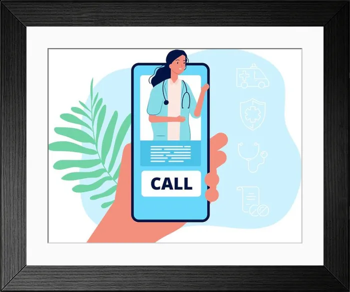 Framed Print : Telemedicine. Hand holding phone, medical mobile service. Remote doctor consultation vector concept Framed Print : Telemedicine. Hand holding phone, medical mobile service. Remote doctor consultation vector concept