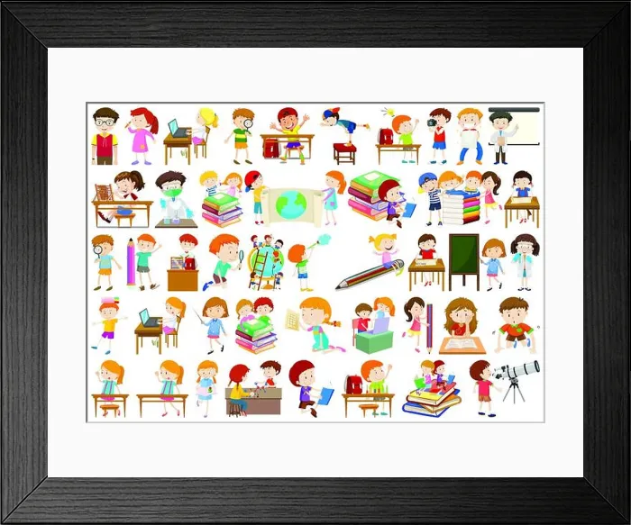 Framed Print : Boys, girls, children in educational fun activty theme illustration Framed Print : Boys, girls, children in educational fun activty theme illustration