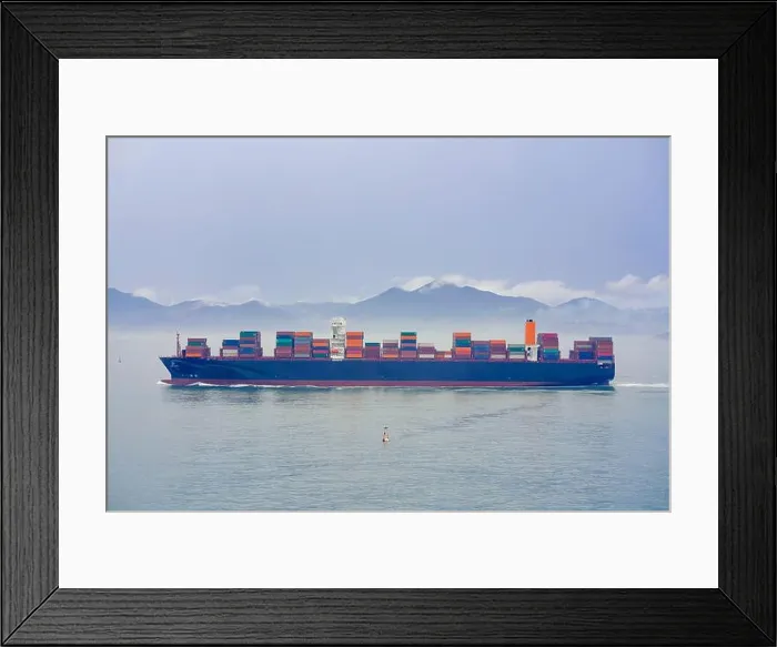 Framed Print : Cargo ship sailing on a foggy ocean with a tranquil mountain backdrop, Busan, Korea