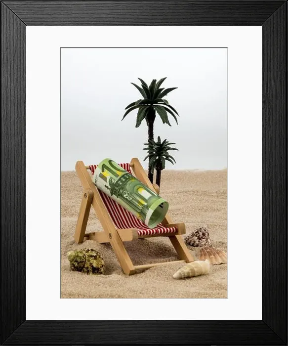 Framed Print : A deckchair with a euro banknote. Symbolic photo for saving on holiday and when travelling Austria Framed Print : A deckchair with a euro banknote. Symbolic photo for saving on holiday and when travelling Austria