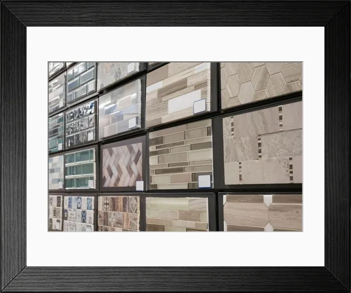 Framed Print : Variety of tile samples displayed in a showroom for interior design inspiration and selection Framed Print : Variety of tile samples displayed in a showroom for interior design inspiration and selection