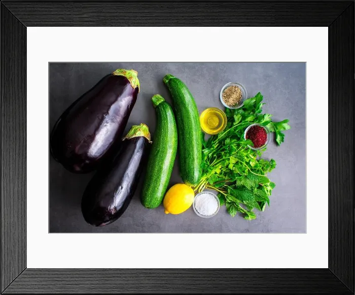 Framed Print : Ingredients for Roasted Aubergine and Courgette with Sumac and Herbs: Eggplant Framed Print : Ingredients for Roasted Aubergine and Courgette with Sumac and Herbs: Eggplant