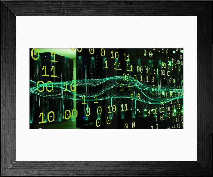 Framed Print : Binary code and digital wave image over cityscape at night Framed Print : Binary code and digital wave image over cityscape at night