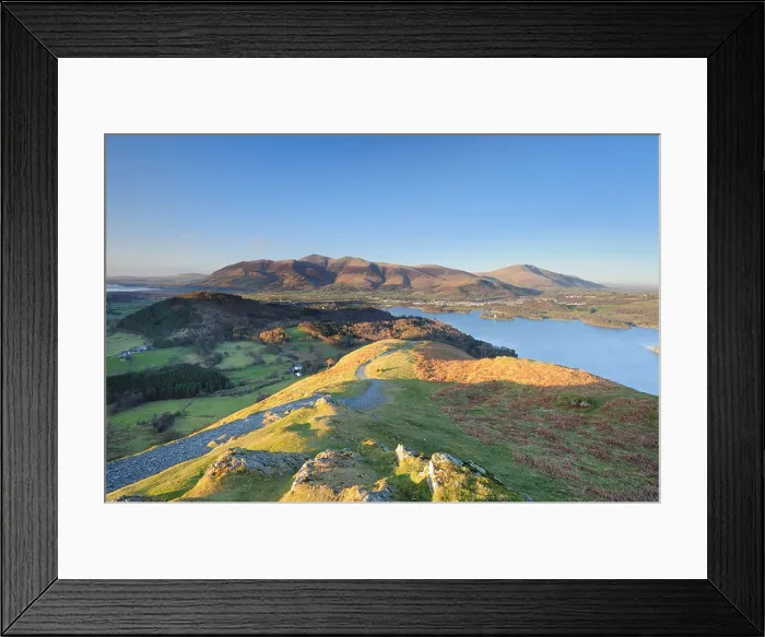 Framed Print : Evening spring sunshine on Skelgill Bank, Cat Bells, Skiddaw and Blencathra in the English Lake District Framed Print : Evening spring sunshine on Skelgill Bank, Cat Bells, Skiddaw and Blencathra in the English Lake District